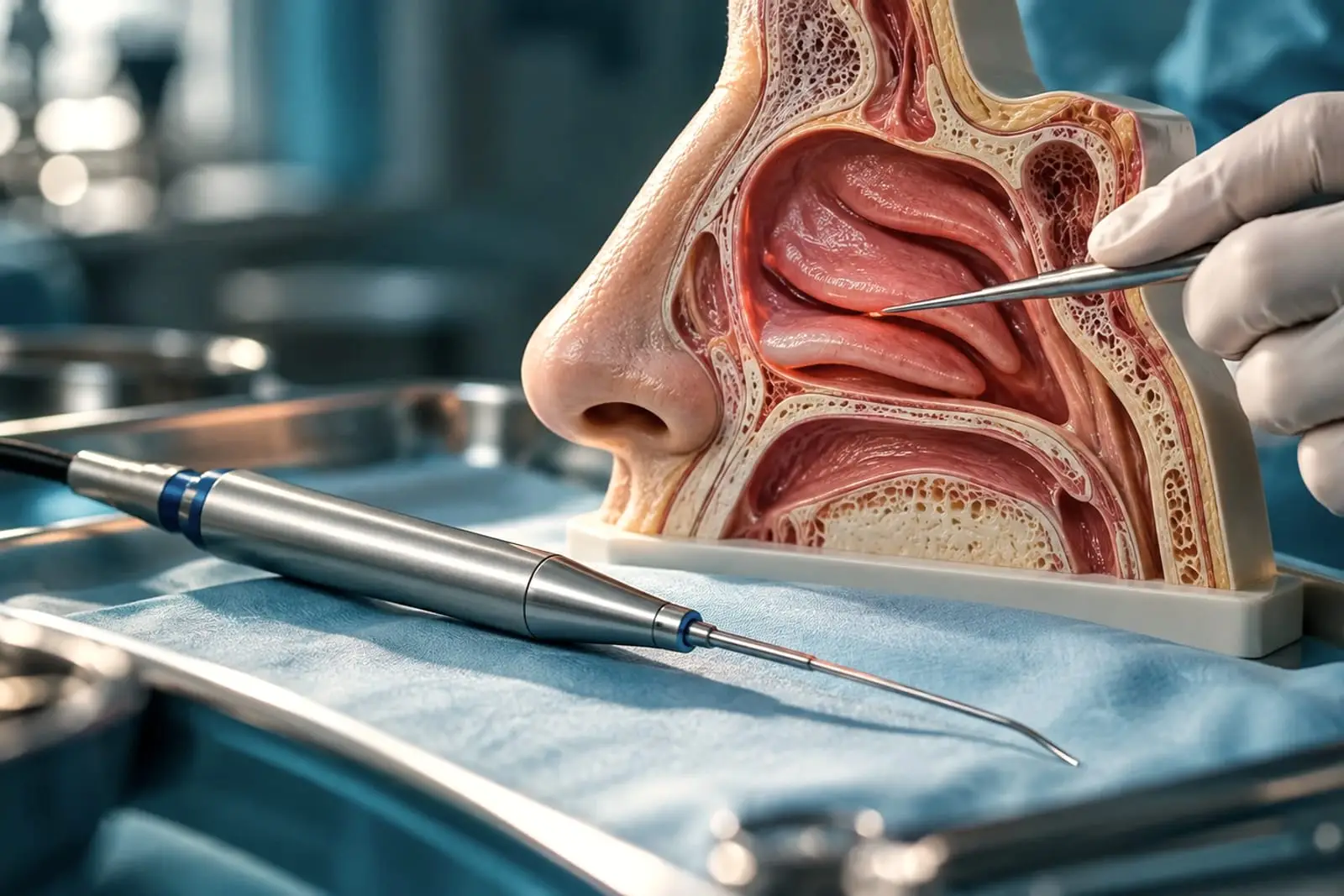 Ein anatomisches Nasenmodell im Längsschnitt zeigt die übereinanderliegenden Nasenmuscheln; eine behandschuhte Hand führt eine dünne Sonde an sie heran, davor liegt ein schlankes Handstück mit gebogener Spitze auf einem blauen Tuch in einer Metallschale.