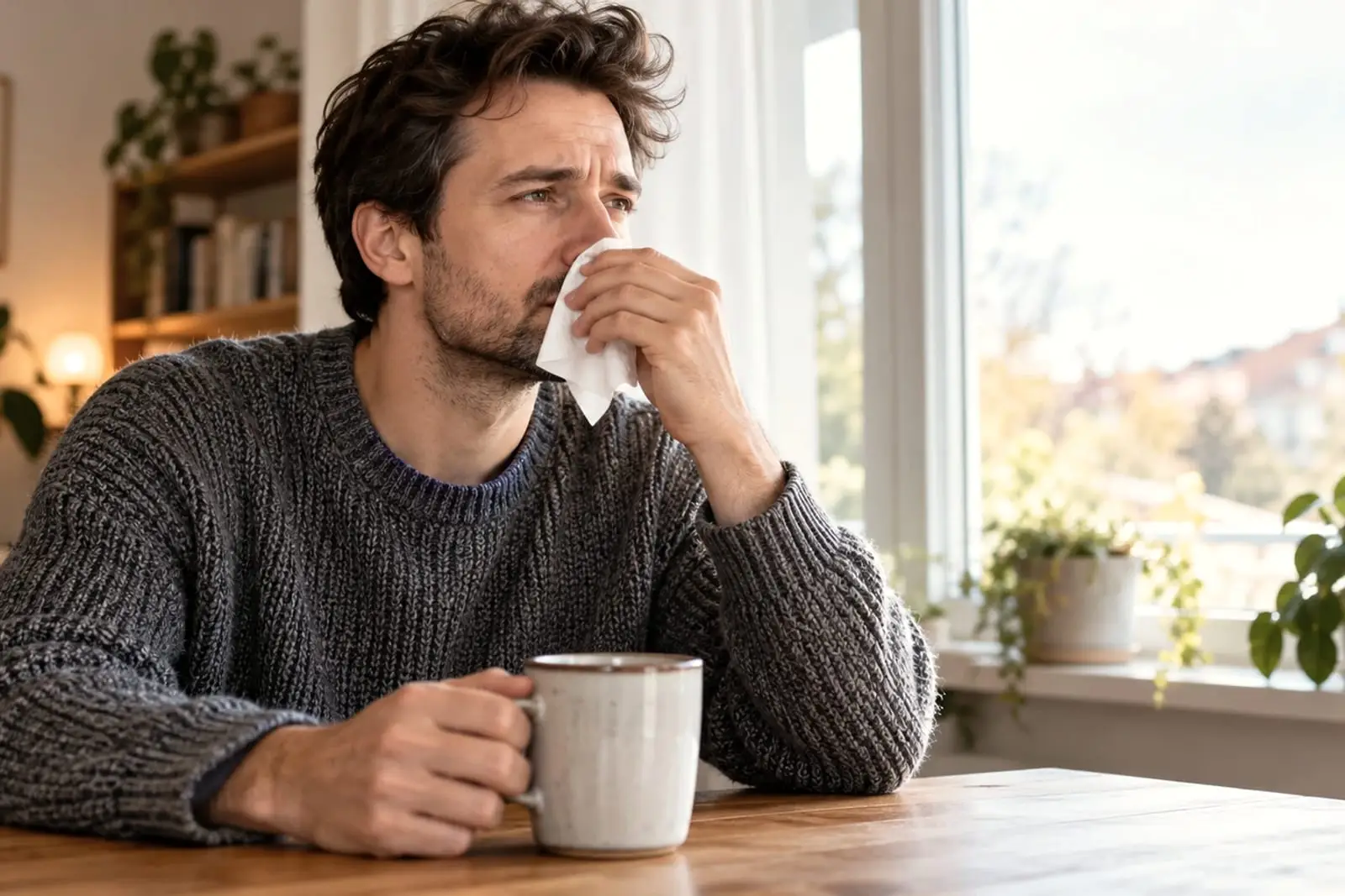 Ein Mann in einem grauen Strickpullover sitzt am Esstisch, hält ein Taschentuch an die Nase und eine Tasse in der anderen Hand, den Blick zum hellen Fenster.