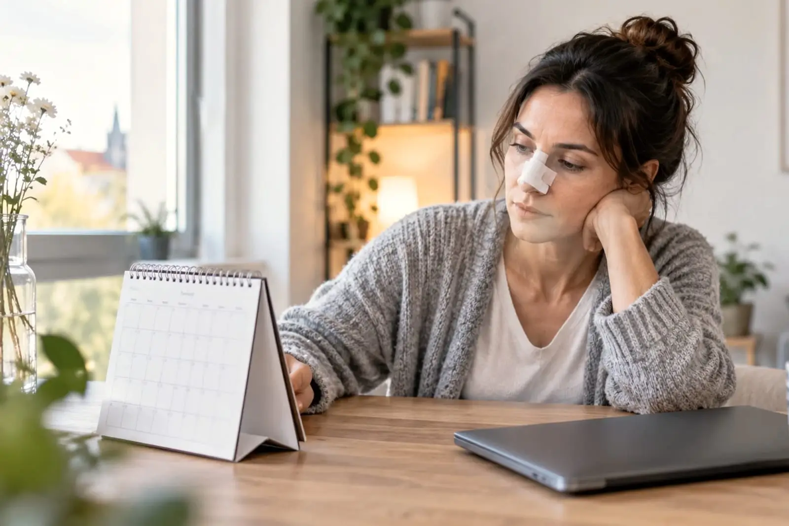 Eine Frau mit einem Pflasterstreifen über dem Nasenrücken sitzt am Schreibtisch vor einem Tischkalender und einem geschlossenen Laptop, das Kinn in die Hand gestützt.