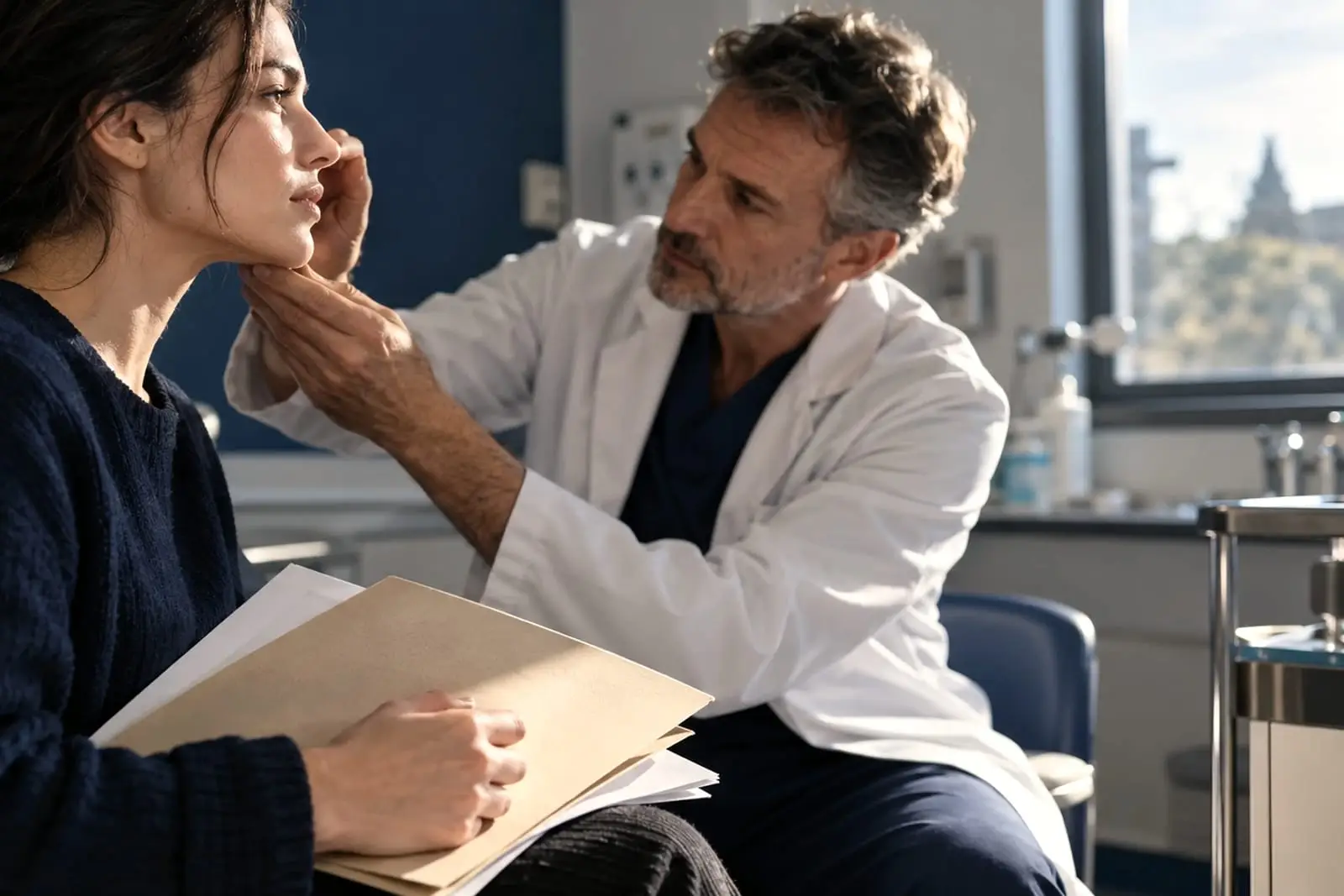 A clinician in a white coat seated in a consulting room, examining the jaw and cheek of a woman who is holding a folder of papers on her lap.
