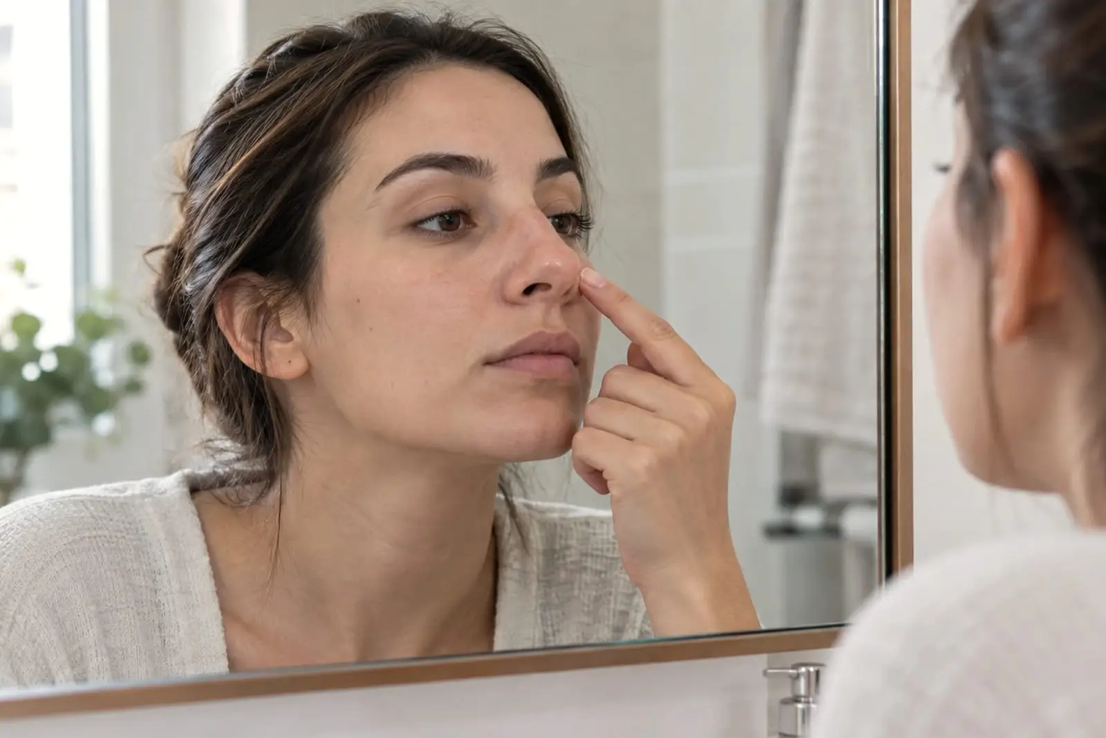 A woman at a bathroom mirror studying her own profile, one finger resting against the side of her nose.