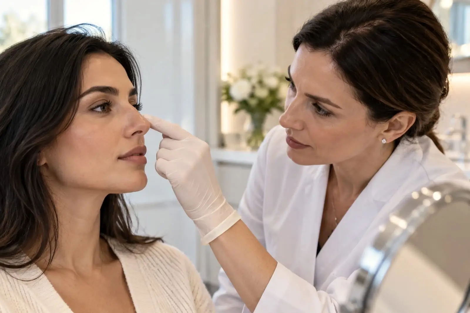 A seated woman in a cream cardigan looks ahead while a clinician in a white coat, standing beside her, rests a gloved index finger on the tip of her nose; a round mirror on a stand stands at the edge of the frame and a vase of white flowers sits on a sill behind them.
