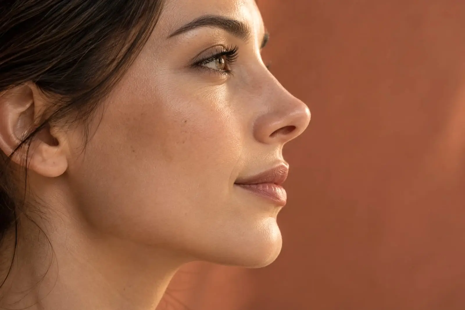 Primer plano del perfil de una mujer con el pelo recogido, mirando hacia arriba, sobre un fondo liso de color teja; se le ve la punta de la nariz girada hacia arriba y la ventana de la nariz desde el lado.