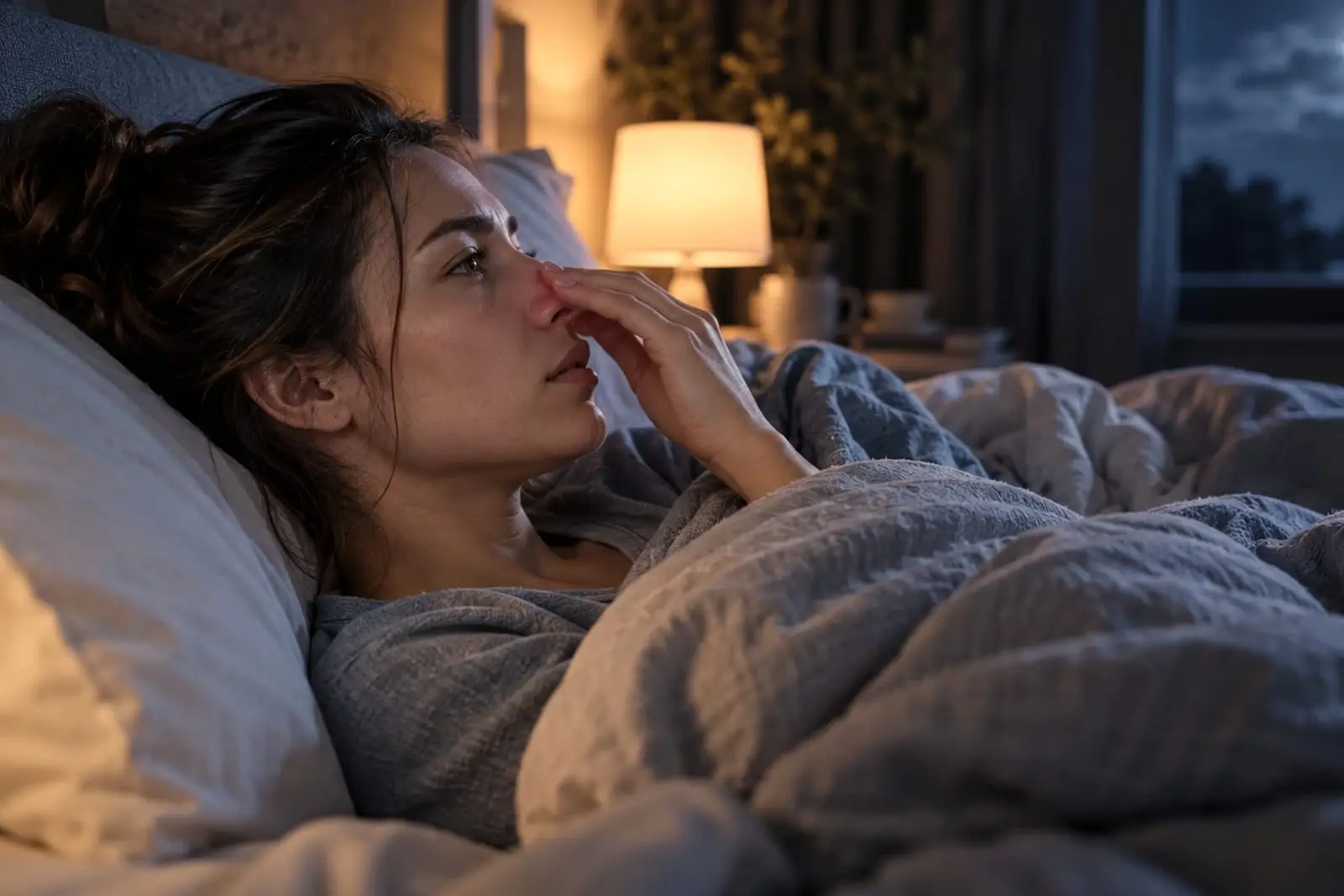 Une femme allongée dans un lit la nuit, la tête sur un oreiller et la couette remontée, un doigt posé contre un côté de son nez, une lampe de chevet allumée et une fenêtre sombre derrière elle.