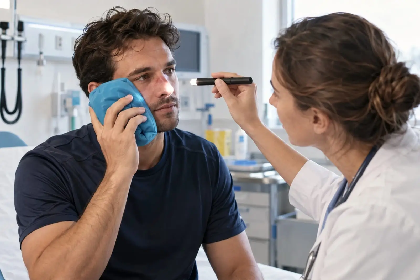 Un homme assis sur un lit d'examen tient une poche de froid contre sa joue pendant qu'une médecin éclaire son nez avec une lampe stylo.