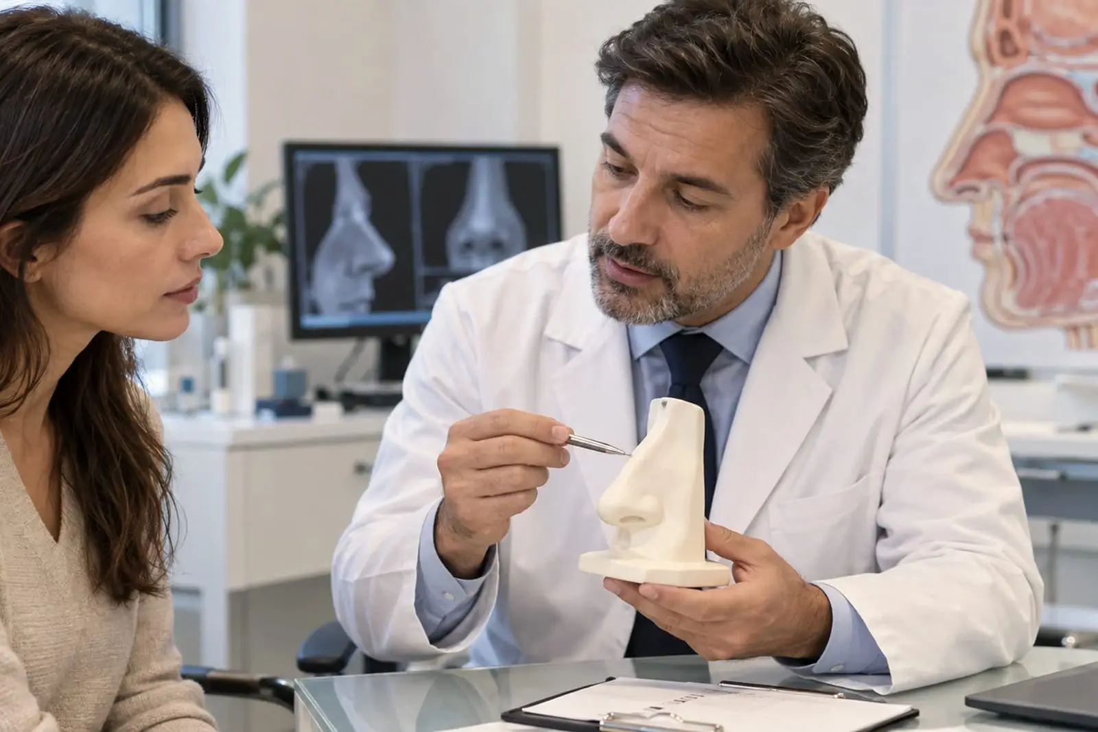 Un médecin en blouse blanche désigne avec un stylo un modèle du nez externe pendant qu'une femme assise à côté de lui regarde.