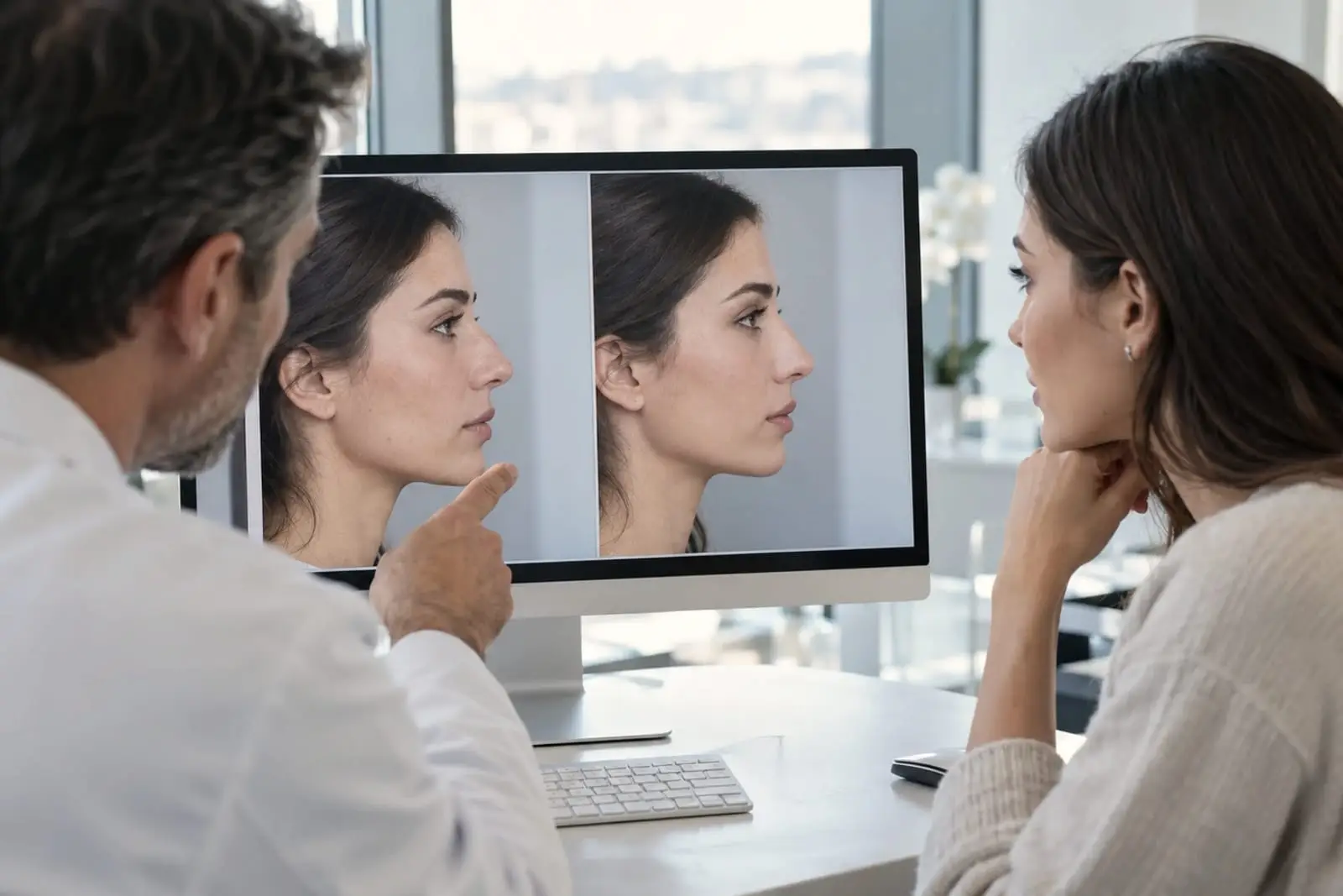 Un homme en blouse blanche, vu de dos, désigne du doigt un écran d'ordinateur posé sur une table blanche; l'écran affiche côte à côte deux vues de profil d'une femme. À droite de l'écran, une femme en pull écru, le menton posé sur la main, regarde l'écran. Derrière, une baie vitrée et une orchidée blanche.