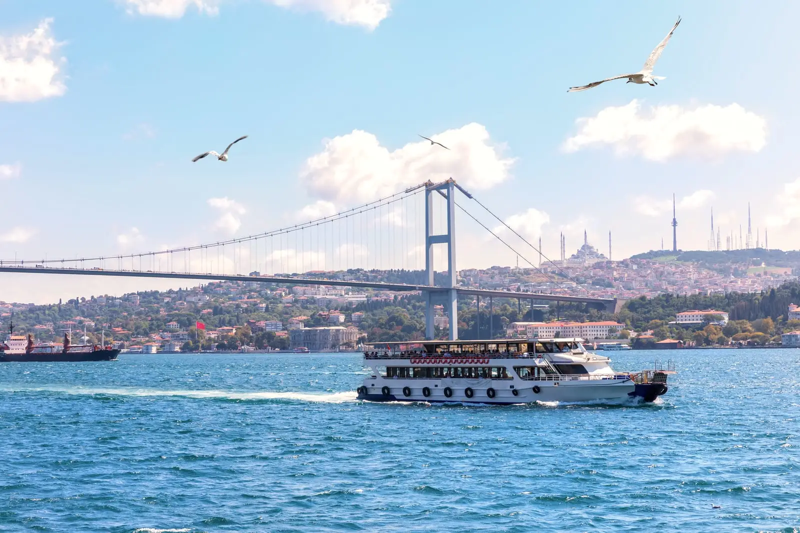 The Bosphorus in daylight, with a passenger ferry crossing beneath the suspension bridge and the hills of the Asian side behind it.