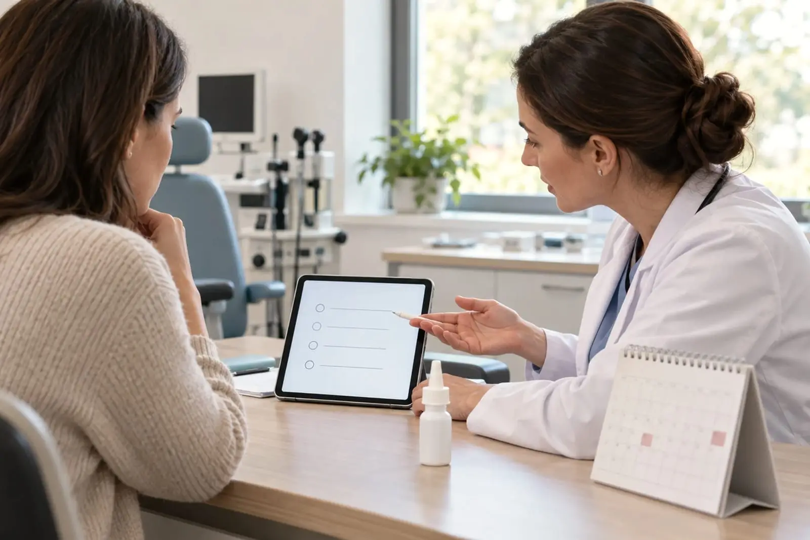 Una medica in camice bianco mostra a una donna un elenco su un tablet, con un flacone di spray nasale e un calendario da tavolo sul piano.