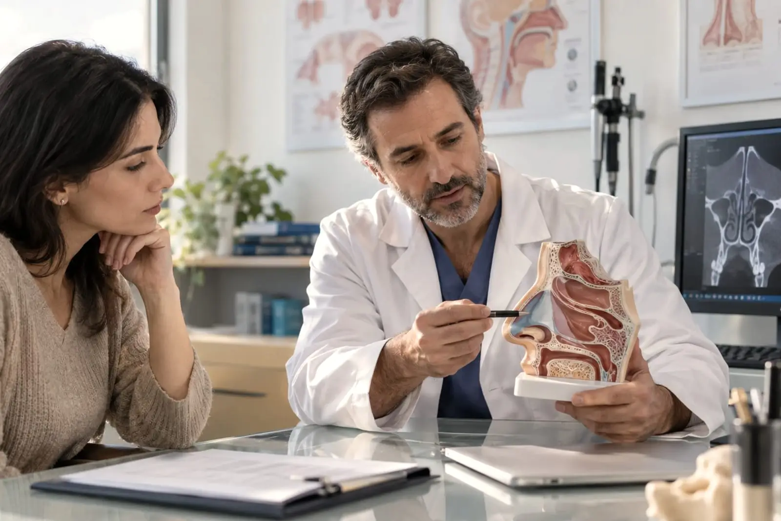 Un medico indica con una penna un modello anatomico della cavità nasale a una donna seduta davanti a lui, con una tomografia sullo schermo alle spalle.