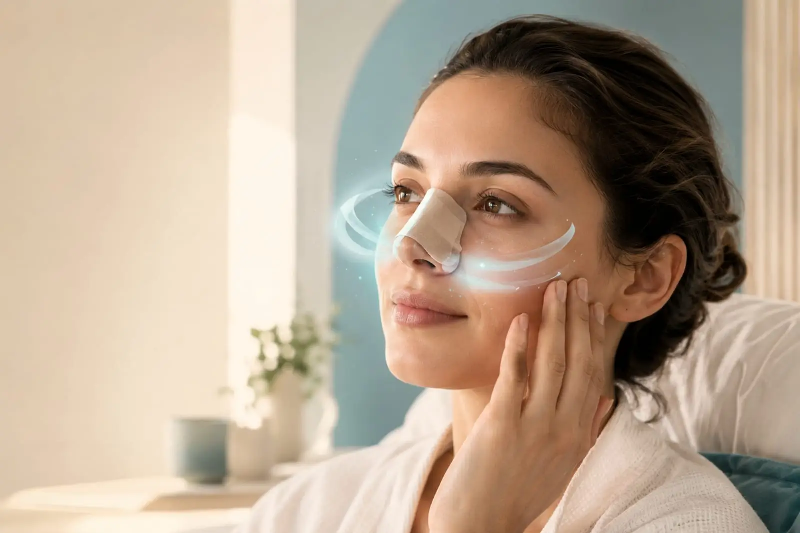 A woman resting against a pillow with a strip of tape across the bridge of her nose and her hand at her cheek, curved lines drawn across the nose.
