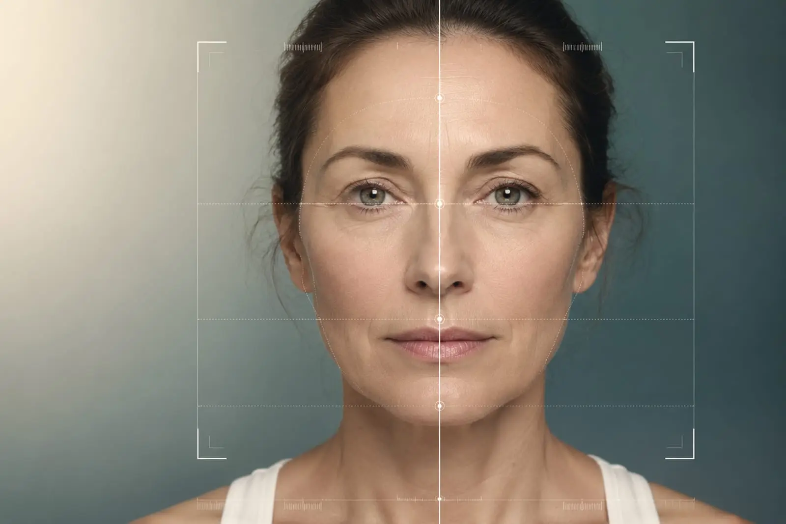 A face photographed straight on against a plain ground, overlaid with a dotted measurement grid, a vertical centre line and corner framing marks.