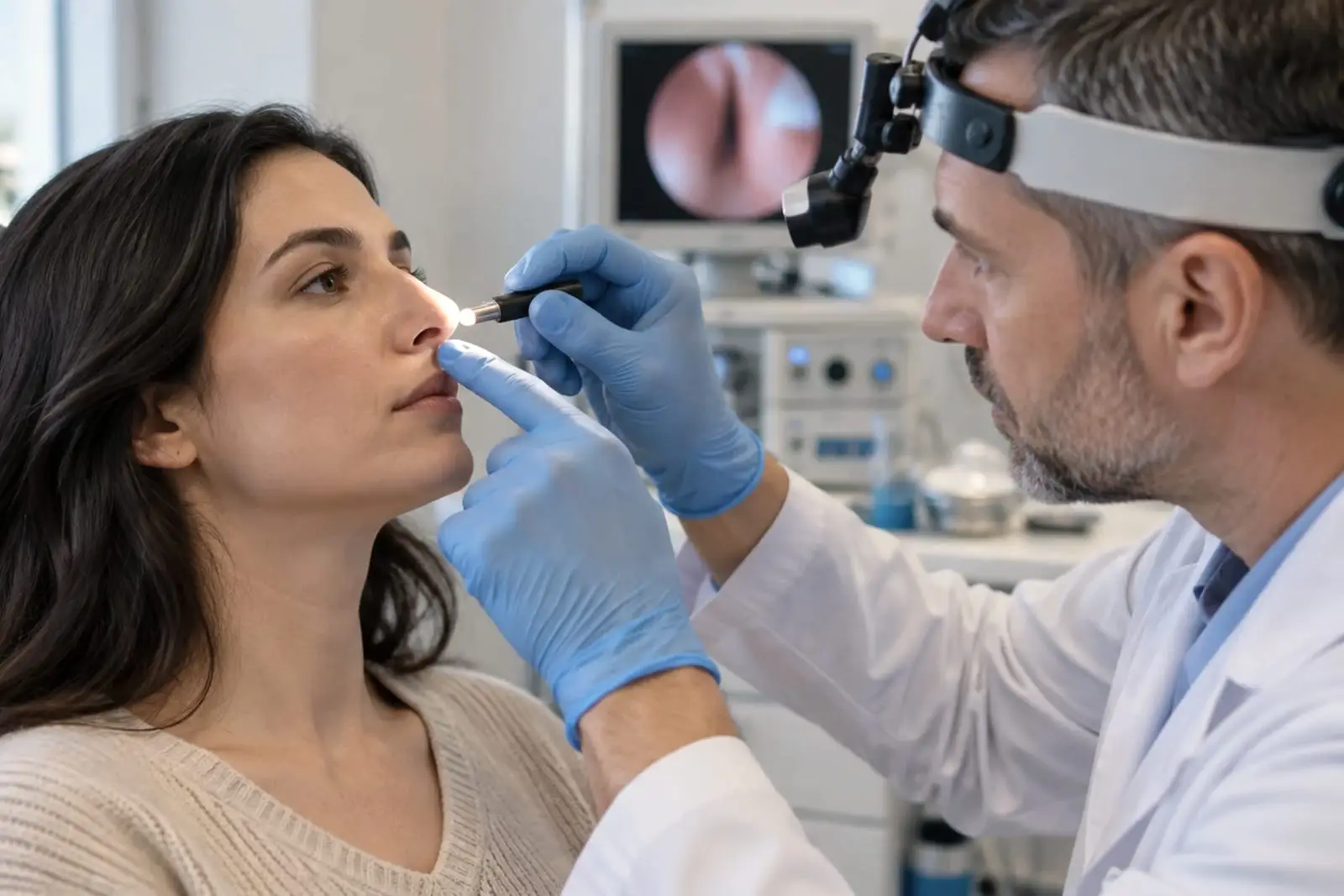 Un medic cu lampă frontală examinează nasul unei femei așezate, cu o sursă de lumină subțire la nară, iar pe ecranul din spate se vede imaginea endoscopică.