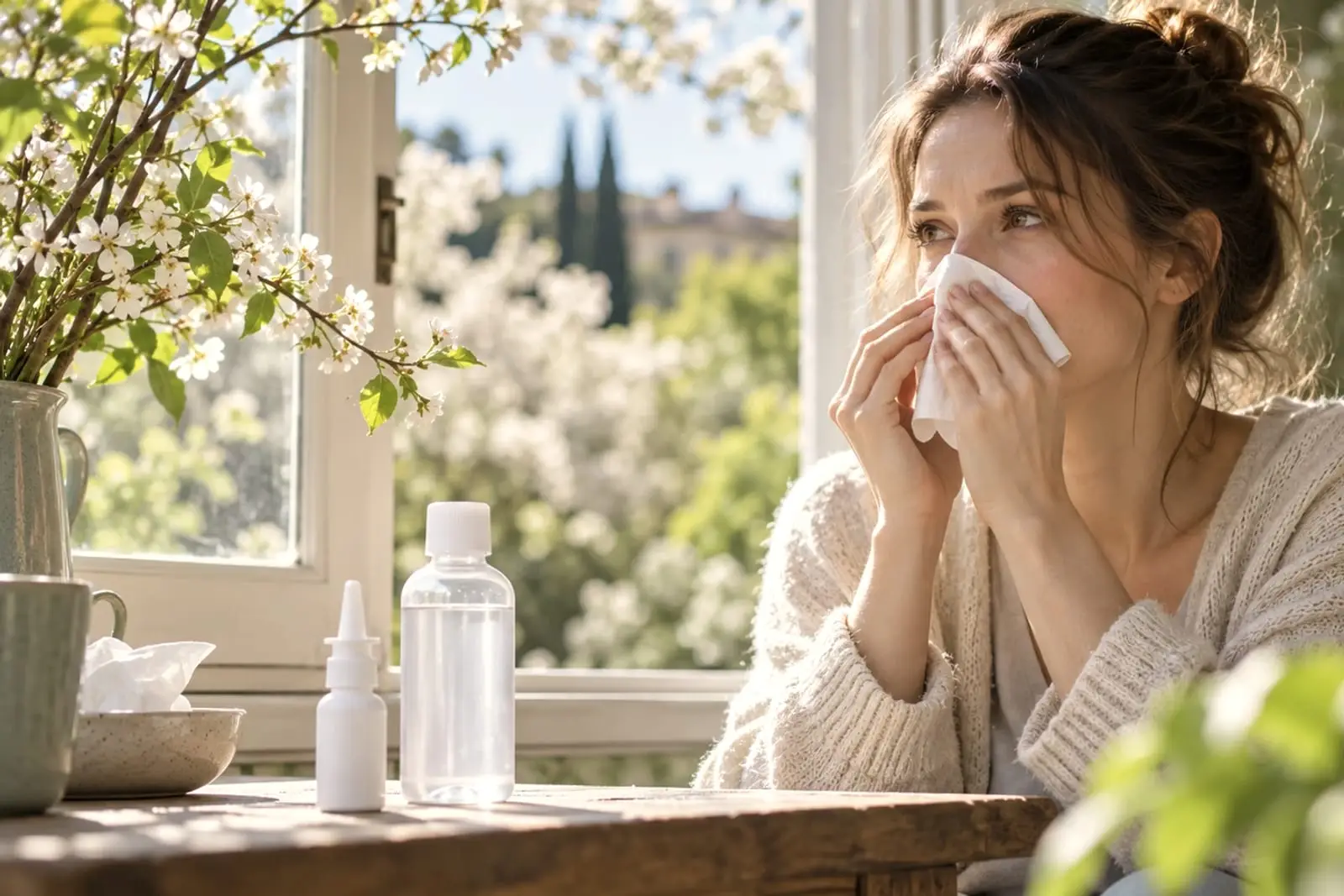 O femeie stă la o masă de lemn lângă o fereastră deschisă și își duce un șervețel la nas; pe masă sunt un flacon alb de spray nazal, o sticlă transparentă, o cană și un bol cu șervețele, iar într-un vas, în stânga, crengi înflorite albe.