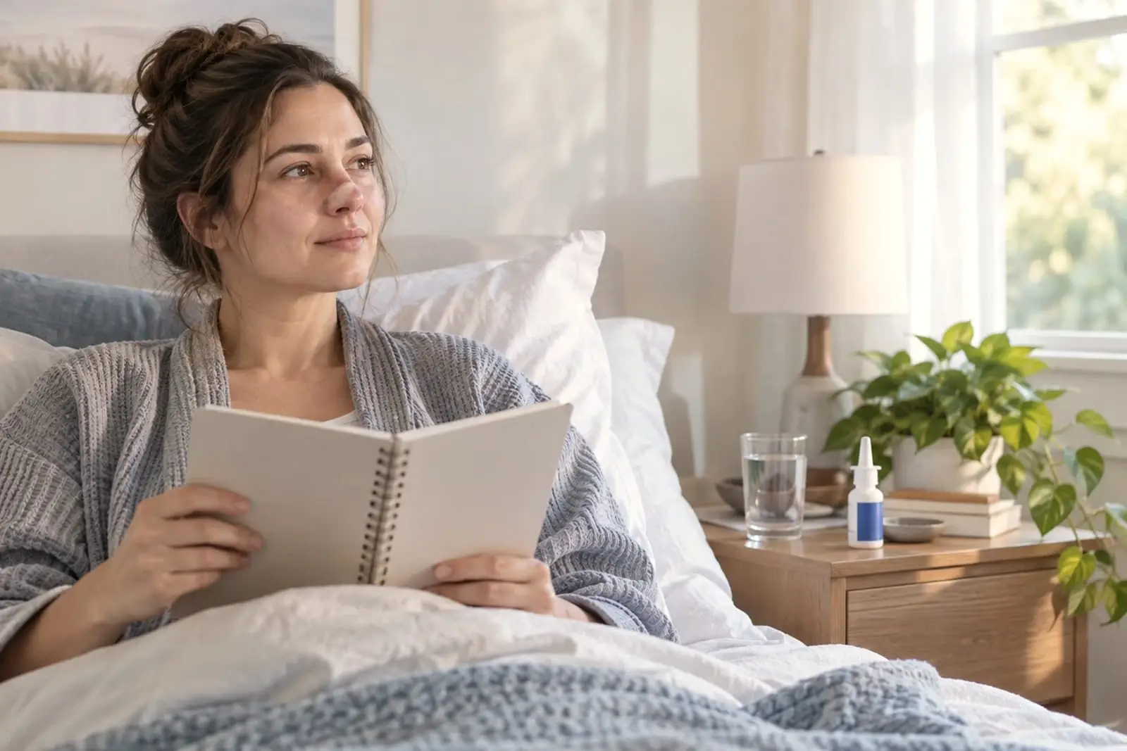A woman propped up in bed in soft daylight, reading a notebook, with a glass of water and a nasal spray on the bedside table.