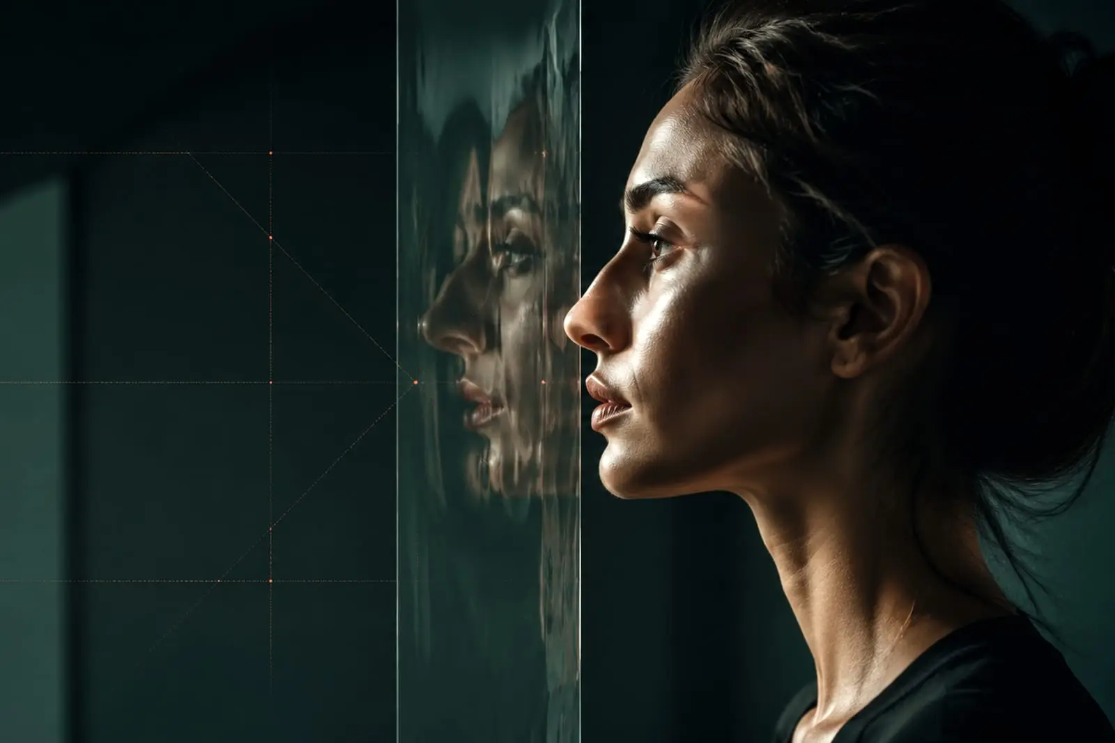 A woman in profile beside a pane of glass in a dark room, her face lit from the front and reflected faintly in the glass beside her.