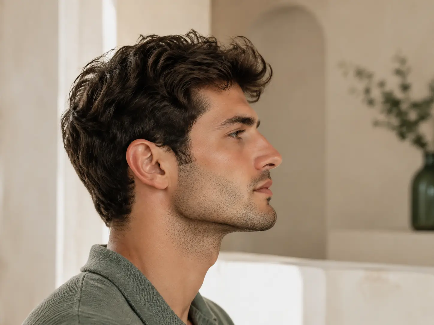 A male nasal profile, illustrating the bridge and tip angles the article describes.