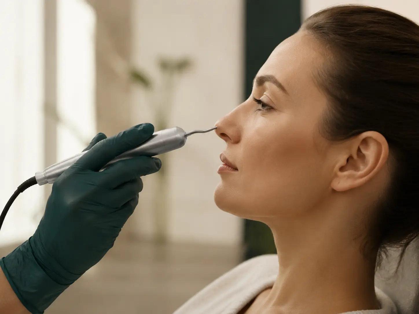 The bridge of the nose in profile, the area shaped during bone work.