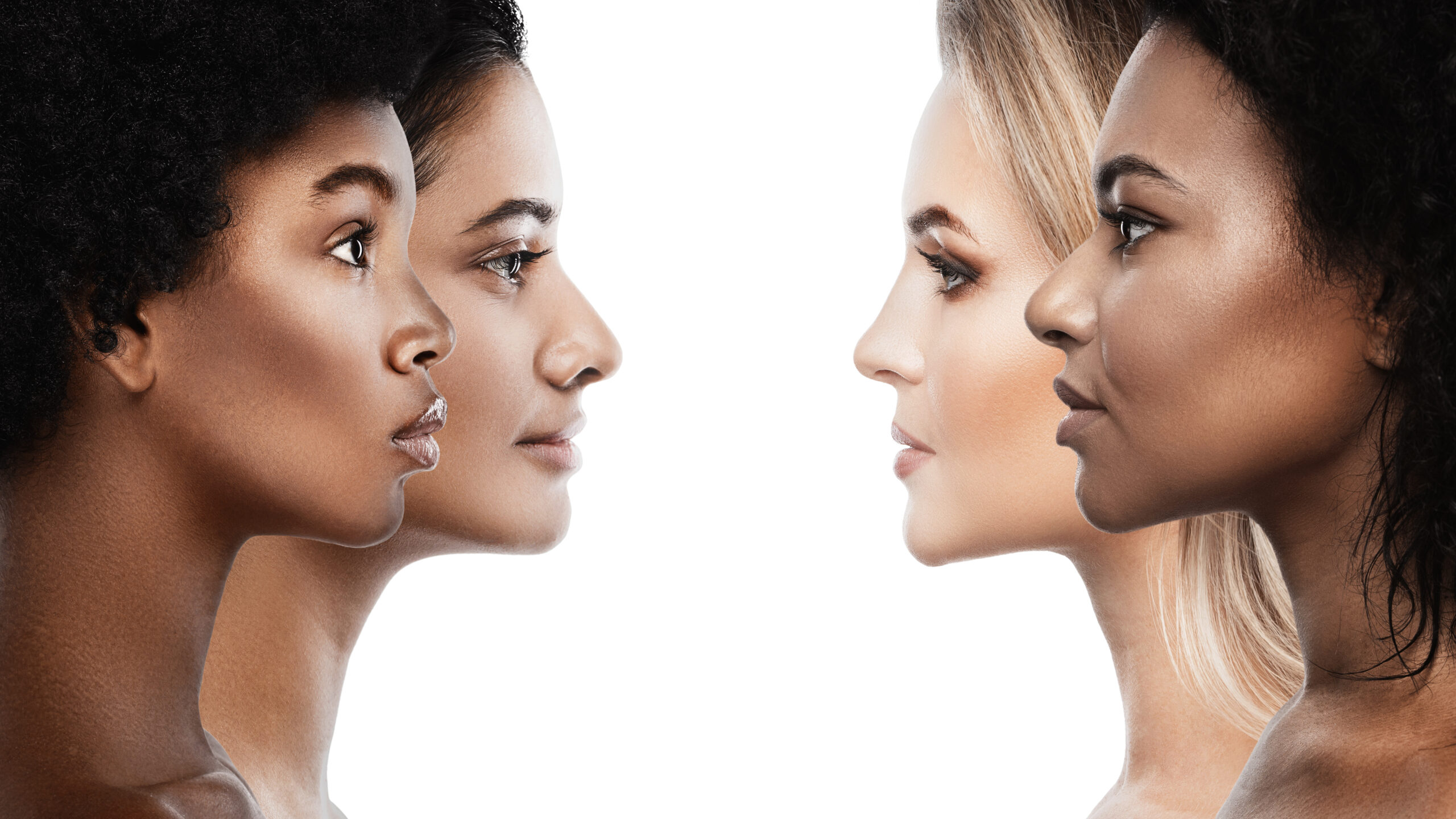 Multi-ethnic diversity and beauty. Group of different ethnicity women against a white background. Ethnic rhinoplasty